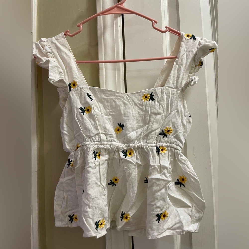 Altar'd State White Blouse with Yellow Floral Embroidery